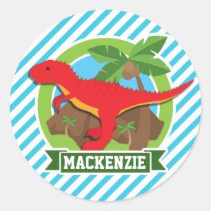 Red T-Rex Dinosaur; Blue & White Stripes Classic Round Sticker