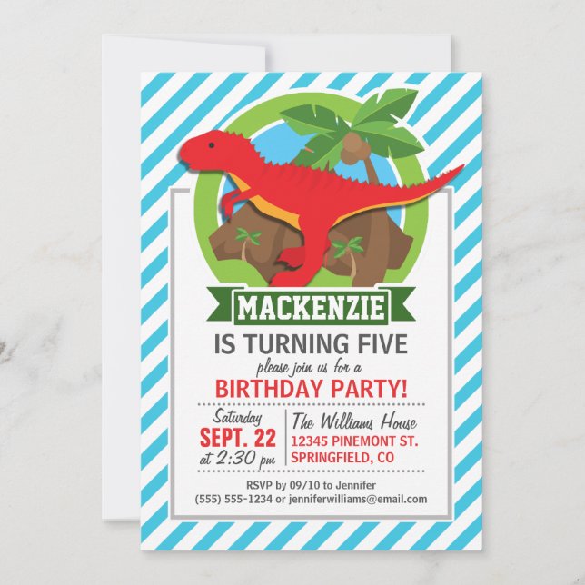 Red T-Rex Dinosaur; Blue & White Stripes Invitation (Front)