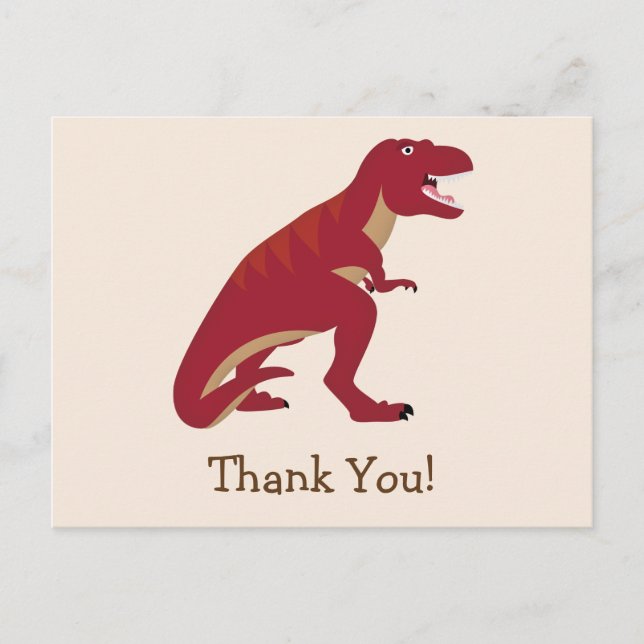 Red T-Rex, Dinosaur Kid's Thank You Postcard (Front)