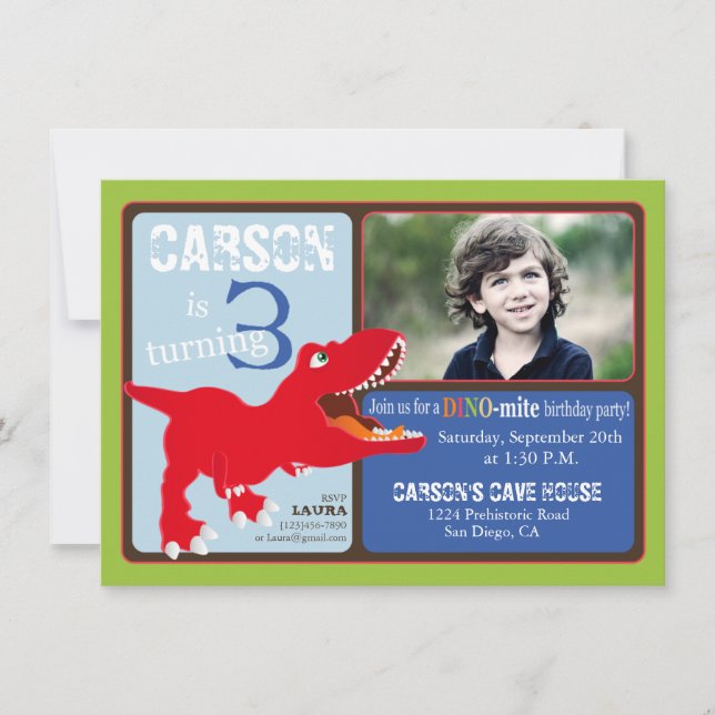 Red T-Rex Dinosaur Third Birthday Invitation Card (Front)