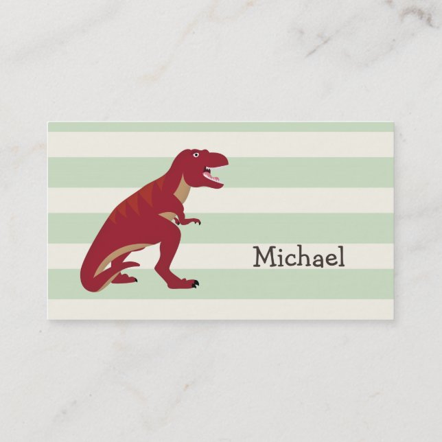 Red T-Rex on Pastel Green Stripes Business Card (Back)
