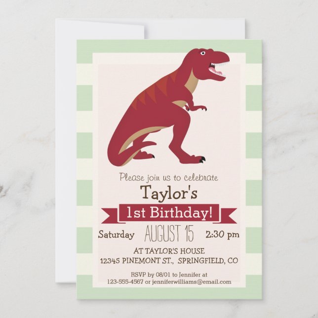 Red T-Rex on Pastel Green Stripes Invitation (Front)