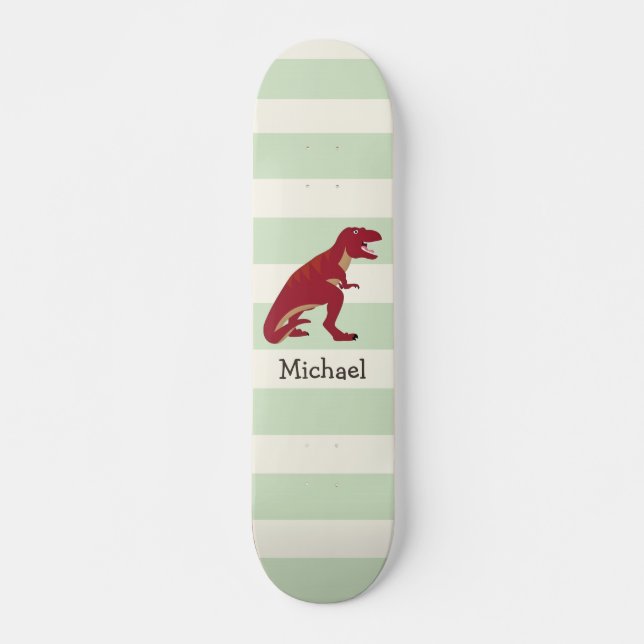 Red T-Rex on Pastel Green Stripes Skateboard (Front)
