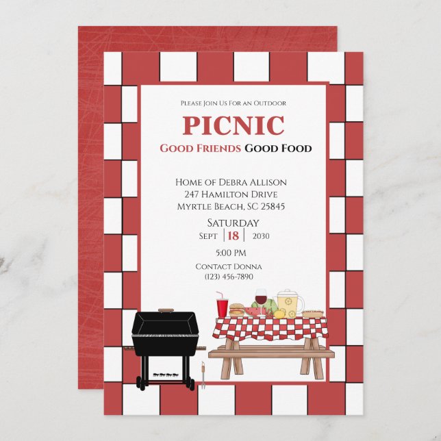 Red Tablecloth Picnic BBQ Outdoor Grill   Invitation (Front/Back)