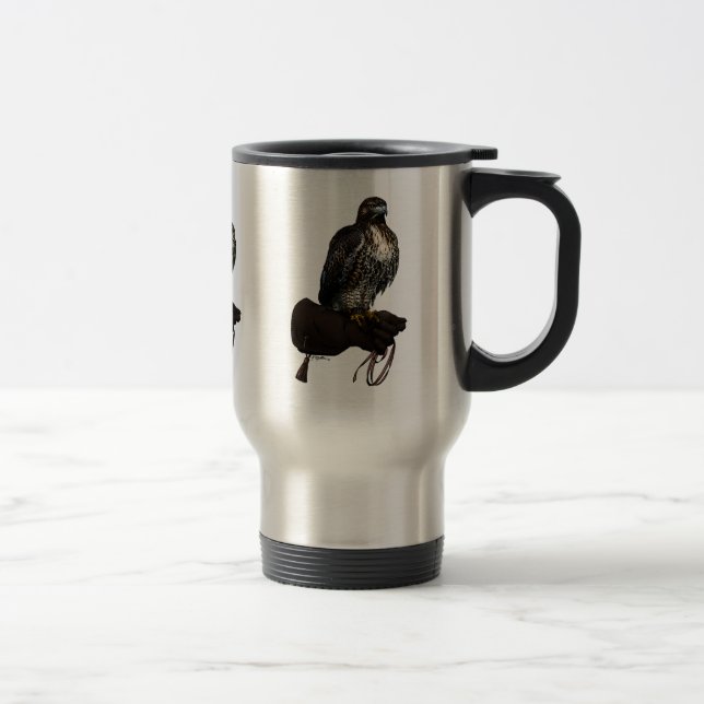Red-tail Hawk on Glove Travel Mug (Right)