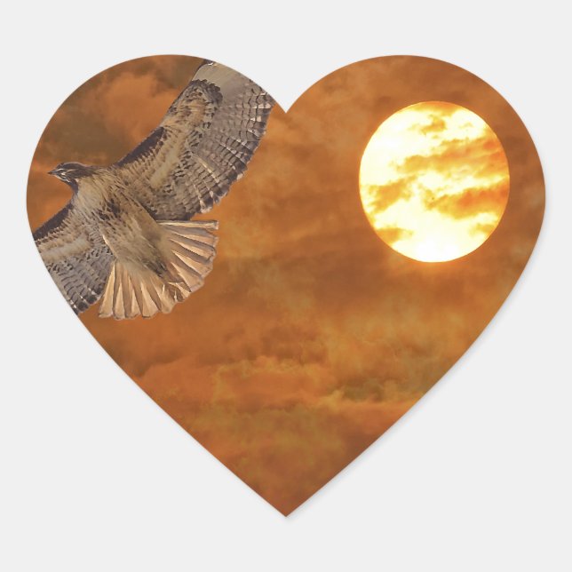 Red Tailed Hawk and Red Skies Heart Sticker (Front)