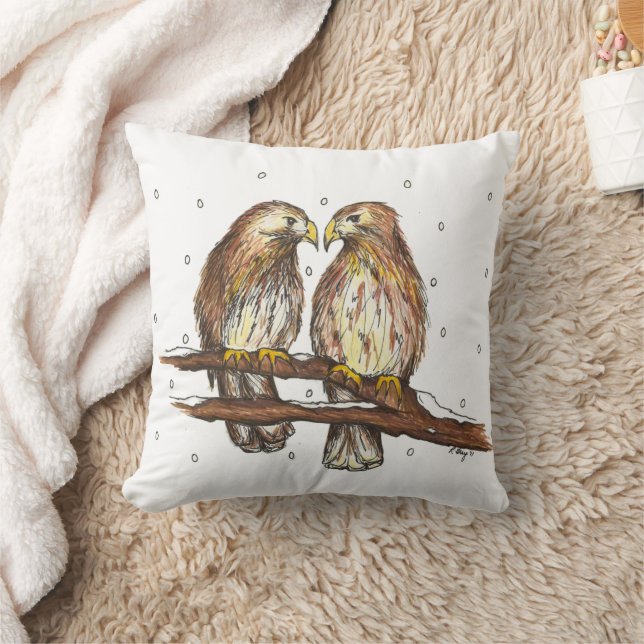 Red-Tailed Hawk Birds Lovebird Watching Snow  Cushion (Blanket)