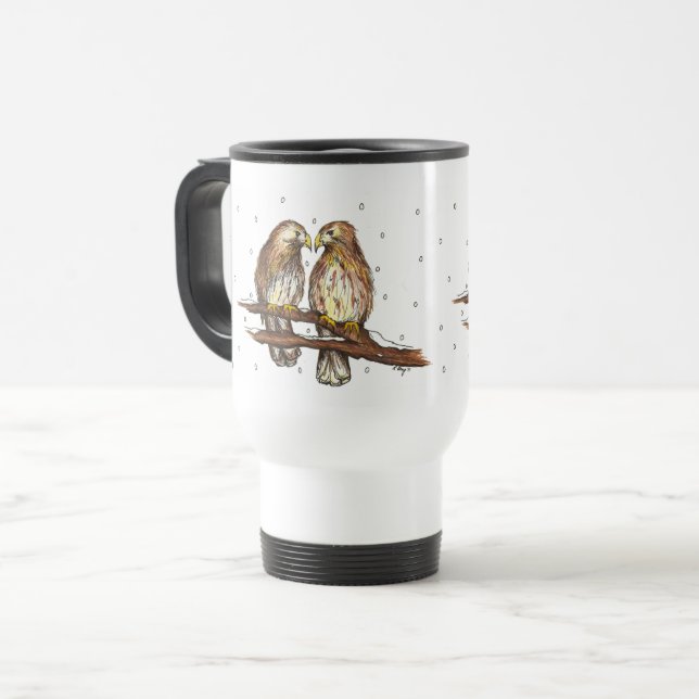 Red Tailed Hawk Lovebird Snow Bird Watching Winter Travel Mug (Front Left)