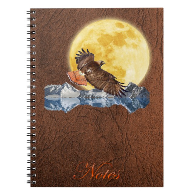 Red-Tailed Hawk & Moon on Faux Leather Notebook (Front)