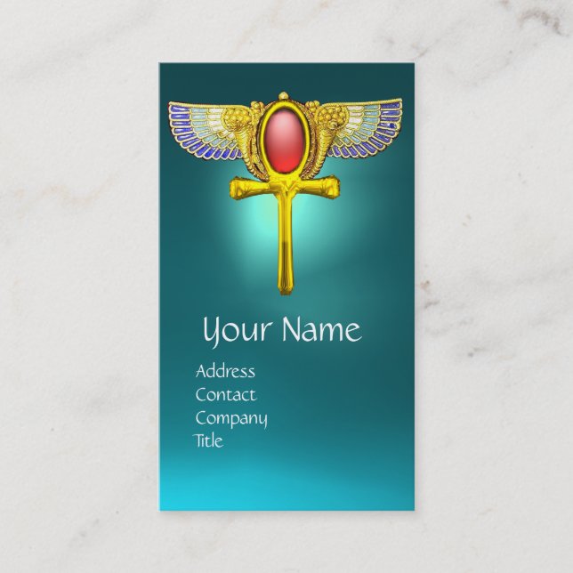 RED TALISMAN,EGYPTIAN WINGED ANKH ,CORNUCOPIA teal Business Card (Front)