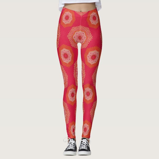 Red Tan Abstract Mandala Leggings (Front)