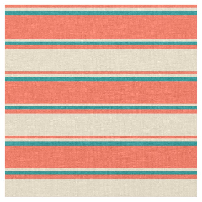 Red, Tan, and Dark Cyan Lined/Striped Pattern Fabric (Close Up)