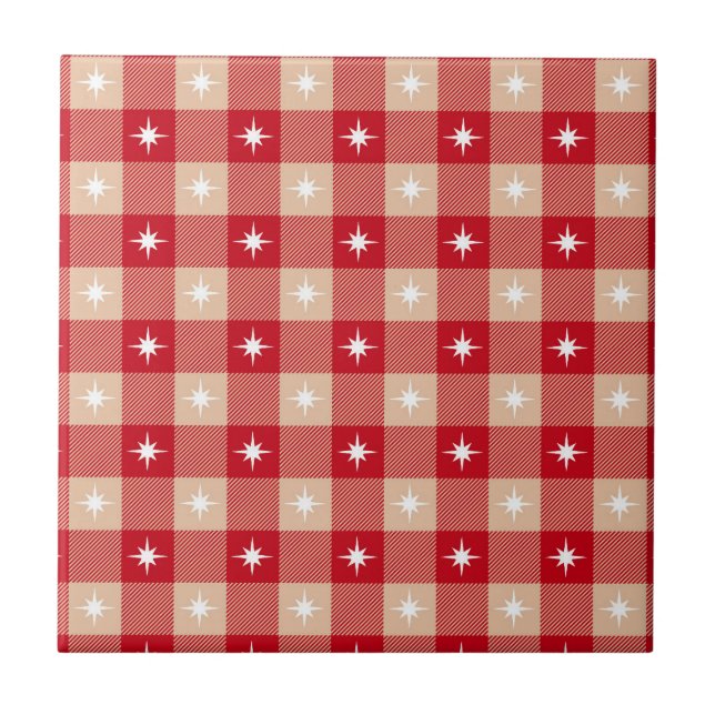 Red Tan Beige Buffalo Plaid White Stars Trendy Tile (Front)
