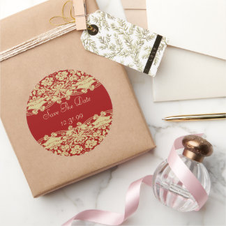 Red & Tan Ecru Save The Date  Classic Round Sticker