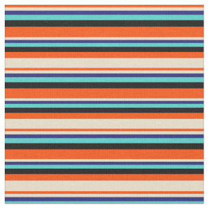 Red, Tan, Midnight Blue, Turquoise & Black Lines Fabric