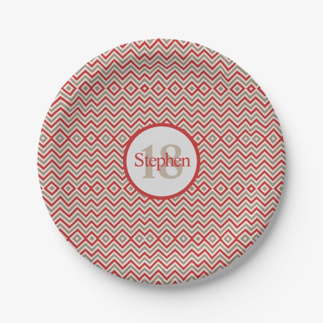 Red Tan White Chevron Birthday Party Paper Plate (Front)