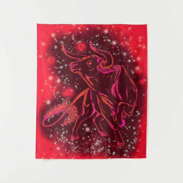 Red Tapestry with Bull Running In Starry Night (Front)