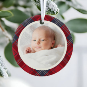 Red Tartan Babys First Christmas Photo Ceramic Tree Decoration
