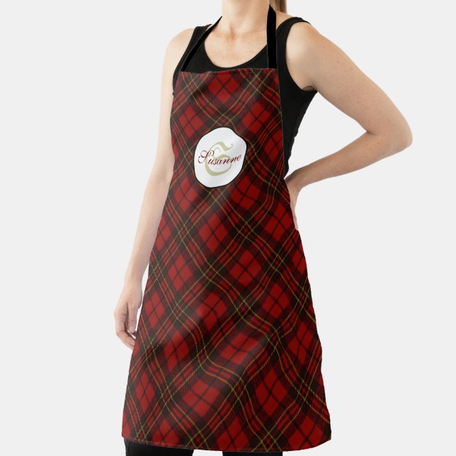 Red tartan Christmas plaid winter pattern Monogram Apron (Insitu)
