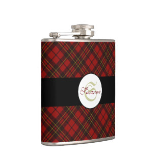 Red tartan Christmas plaid winter pattern Monogram Hip Flask