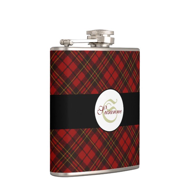Red tartan Christmas plaid winter pattern Monogram Hip Flask (Right)
