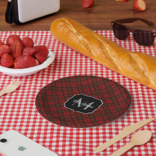 Red tartan Christmas plaid winter pattern Monogram Paper Plate