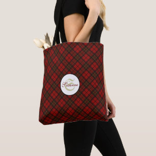 Red tartan Christmas plaid winter pattern Monogram Tote Bag
