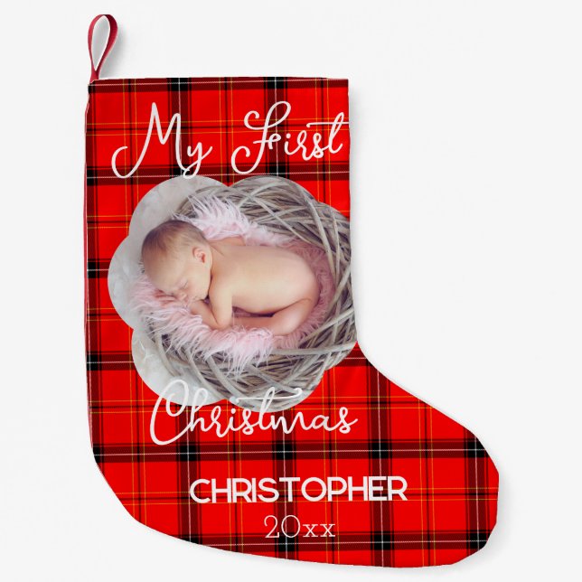 Red Tartan Cute Baby Photo My First Christmas Small Christmas Stocking (Front)