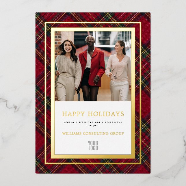 Red Tartan Elegant Business Foil Holiday Card (Front)