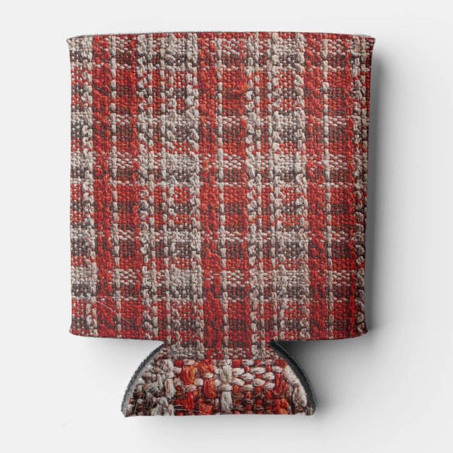 Red Tartan Fabric: Textured Background Can Cooler (Front)