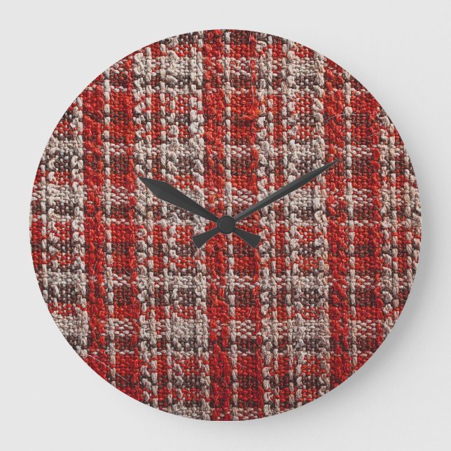 Red Tartan Fabric: Textured Background Large Clock (Front)