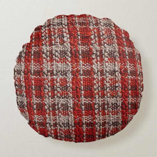 Red Tartan Fabric: Textured Background Round Cushion (Front)