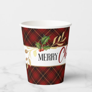 Red Tartan, Gold Leaves & Holly Paper Cups