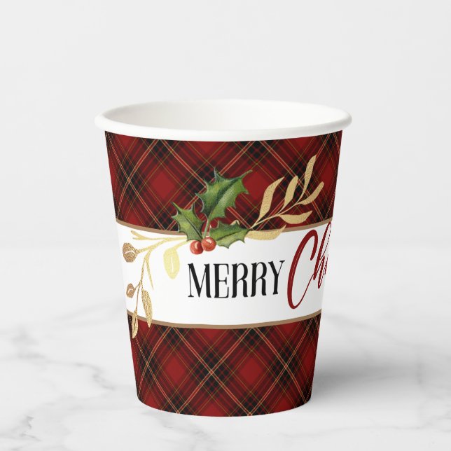 Red Tartan, Gold Leaves & Holly Paper Cups (Front)