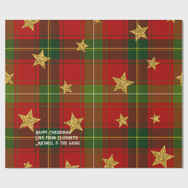 Red Tartan Gold Star Personalised Christmas Wrapping Paper (Flat)