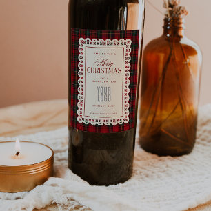 Red Tartan Lace Stitch Frame Christmas Corporate Wine Label
