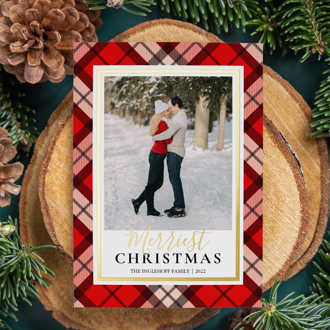 Red Tartan Merriest Christmas Photo Foil Holiday Card (Creator Uploaded)