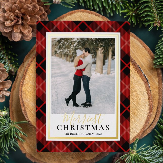 Red Tartan Merriest Christmas Photo Foil Holiday Card (Creator Uploaded)
