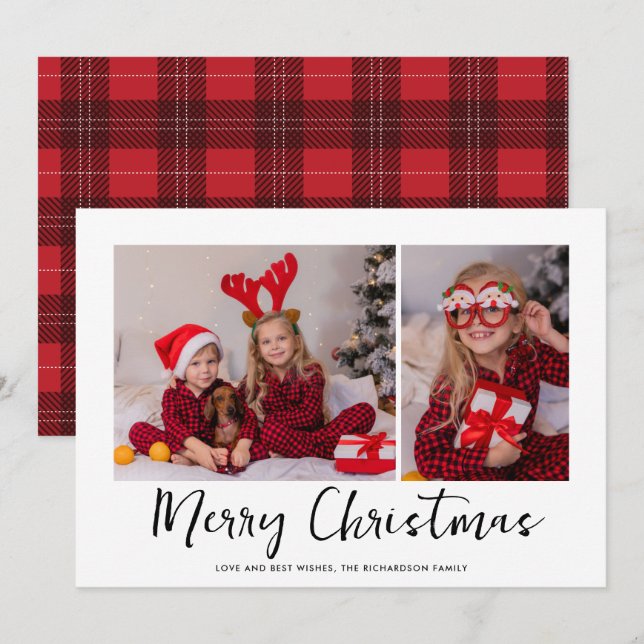 Red Tartan Minimal Christmas Photo Holiday Card (Front/Back)