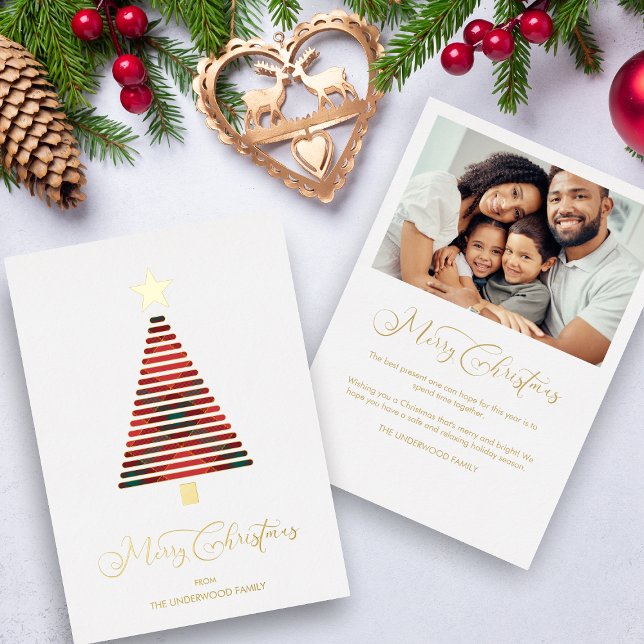 Red Tartan Modern Christmas Tree Star Photo Family Foil Holiday Card (Creator Uploaded)