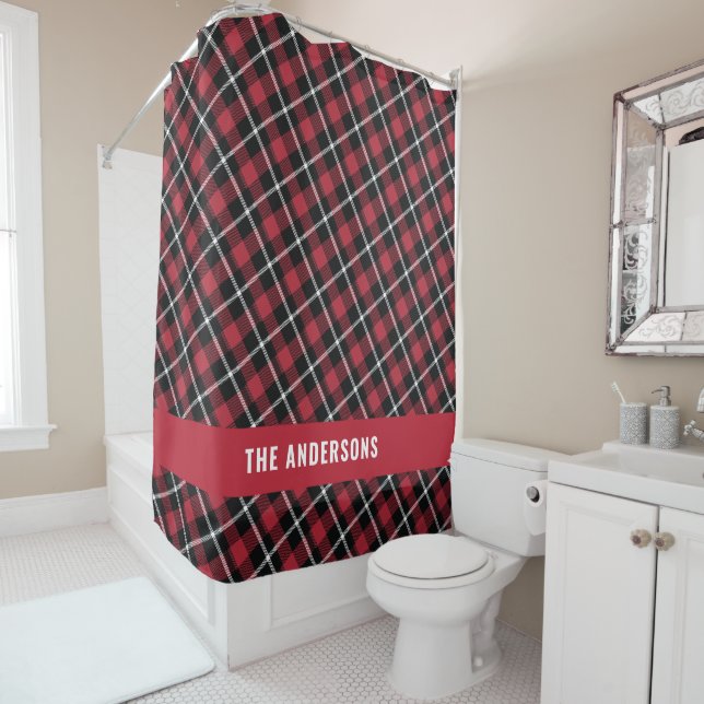 Red tartan modern rustic personalised  shower curtain (In Situ)