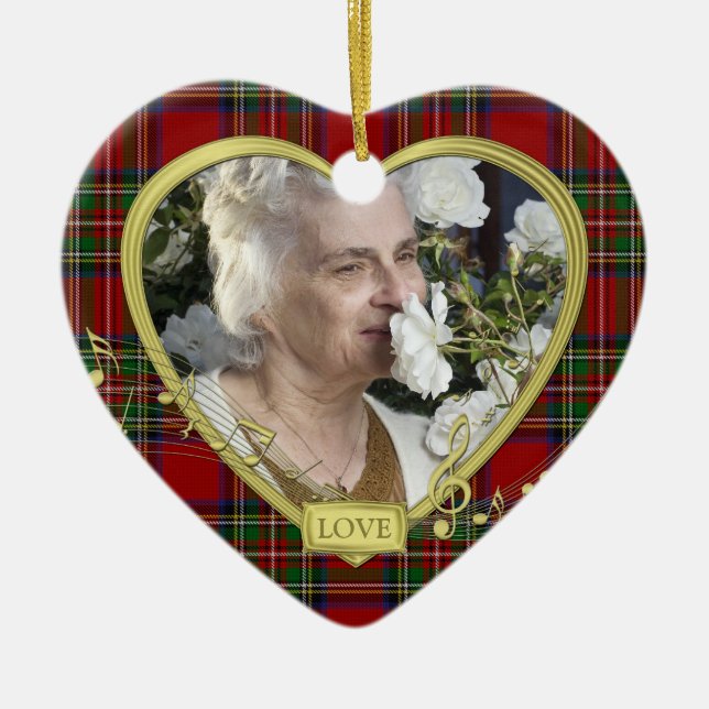 Red Tartan Music Memorial Heart Photo Christmas Ceramic Tree Decoration (Front)