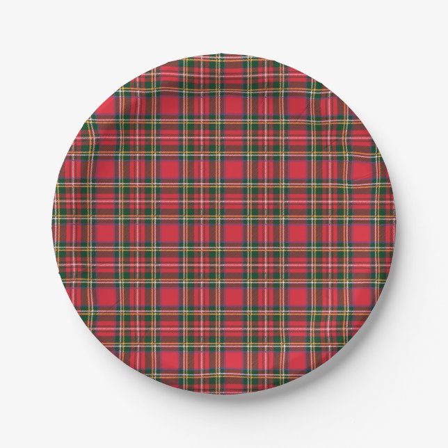 Red & Tartan Pattern Paper Plate (Front)