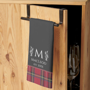 Red Tartan Personalised Monogram UK British Black Tea Towel