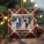 Red Tartan Photo Plaid Christmas Ceramic Ornament<br><div class="desc">Elegant plaid christmas ornament featuring a striking red tartan background, an engaging framed photo template, and a charmingly festive ‘Merry Christmas’ emblem, these decorations truly stand out. Add a touch more personality with your family name in a sophisticated script font, making it the perfect keepsake for loved ones during the...</div>