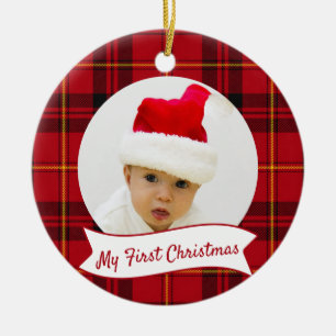 Red Tartan Plaid Baby's First Christmas Photo  Ceramic Tree Decoration
