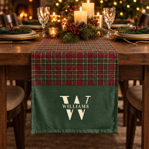Red Tartan Plaid Burgundy Christmas Monogram Short Table Runner