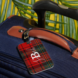 Red Tartan Plaid Chequered Scotland Monogram Name Luggage Tag
