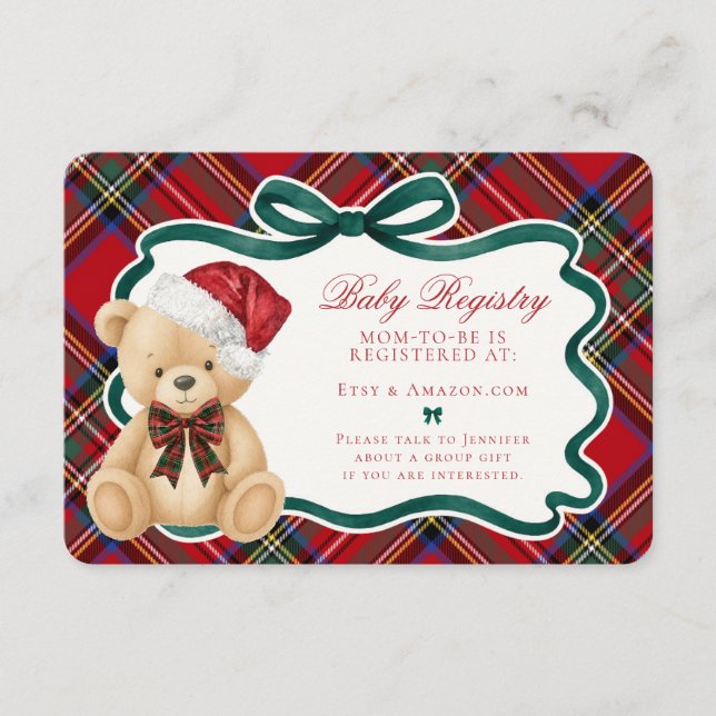 Red Tartan Plaid Christmas Bear Baby Registry Enclosure Card (Front)
