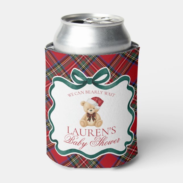 Red Tartan Plaid Christmas Bear Baby Shower Favor Can Cooler (Can Front)